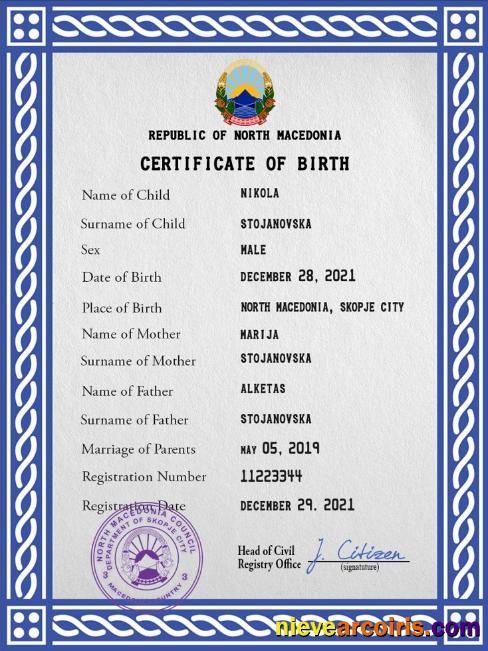 North Macedonia vital record birth certificate